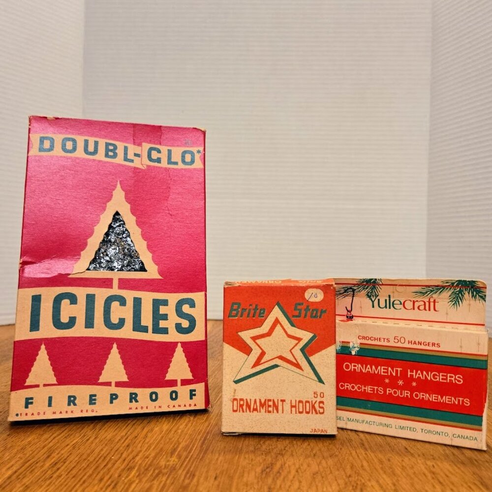 Rare 50s Christmas Packaging Lot, DOUBL-GLO Icicles BriteStar Box Hooks Included